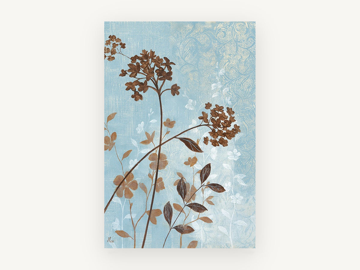 Copper Blooms on Blue, floral canvas wall art print, front view