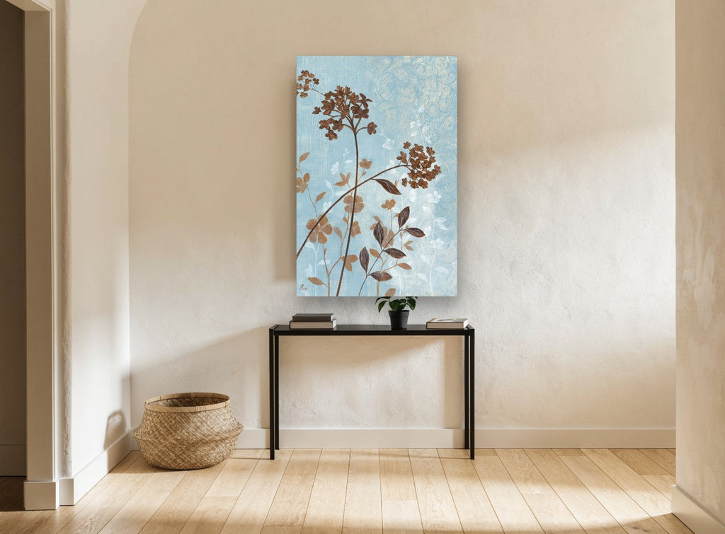 Copper Blooms on Blue floral canvas print on the wall of a hallway