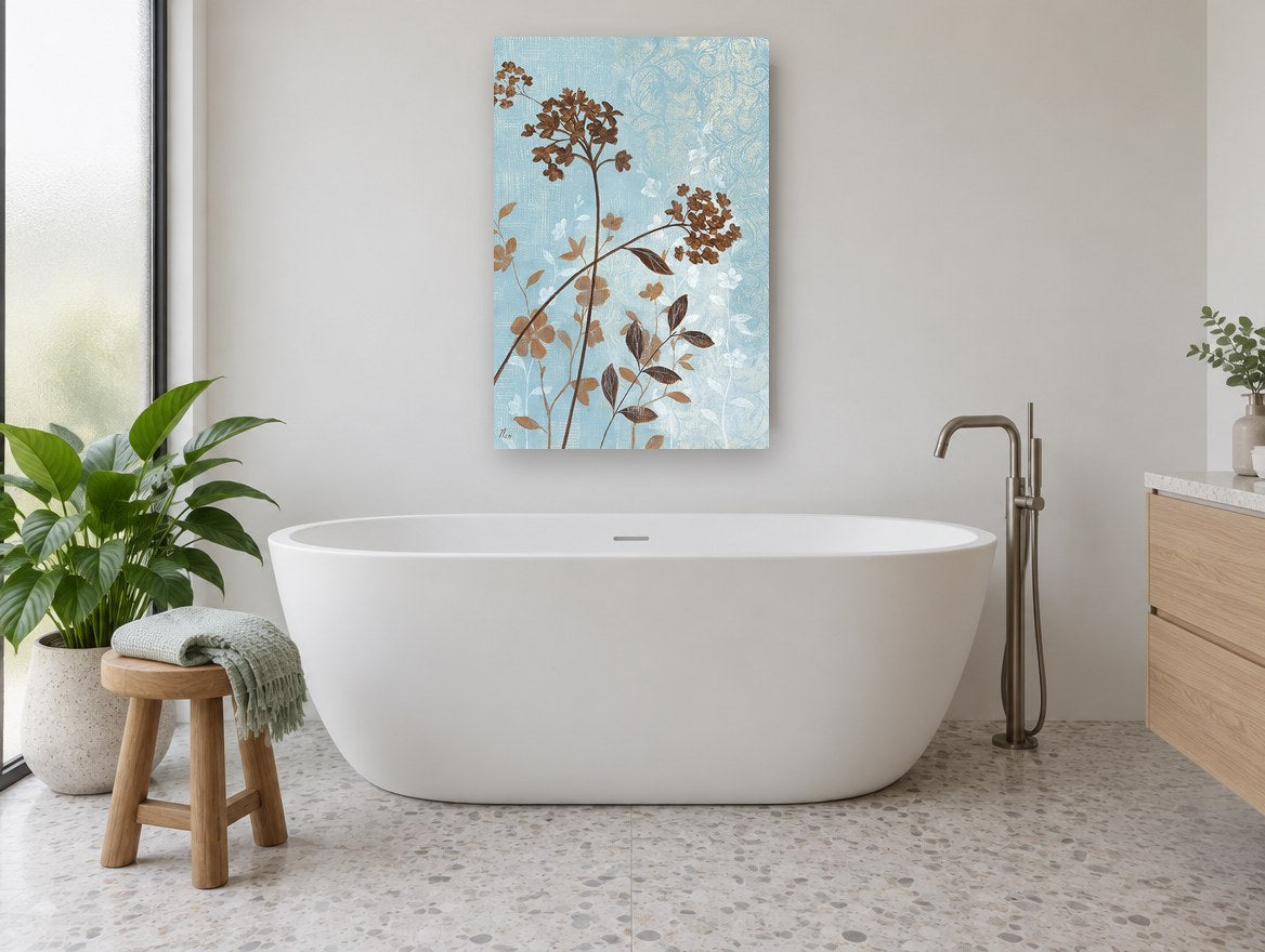 Copper Blooms on Blue floral canvas print on the wall of a bathroom