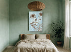 Brown Blooms on Blue floral canvas print on the wall of a bedroom