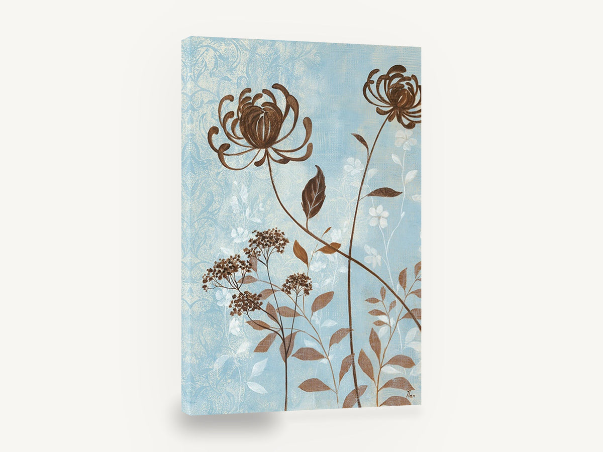 Brown Blooms on Blue, brown chrysanthemum silhouettes on blue, floral canvas wall art print ready to hang