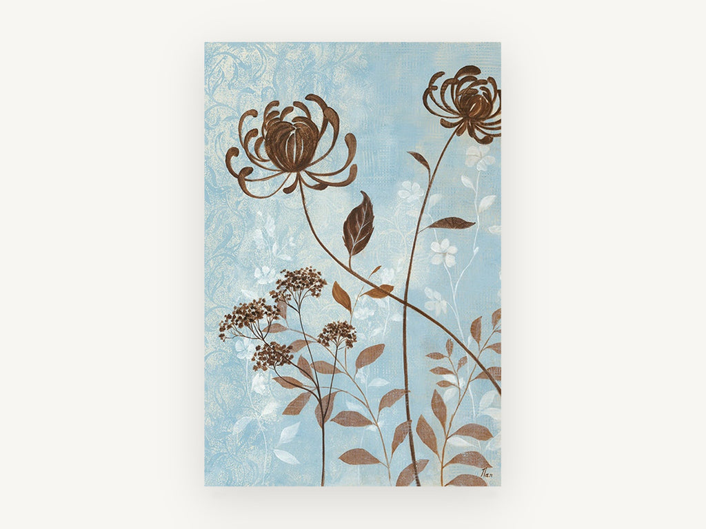 Brown Blooms on Blue, floral canvas wall art print, front view