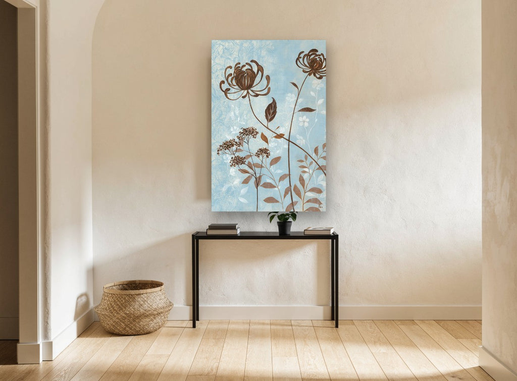 Brown Blooms on Blue floral canvas print on the wall of a hallway