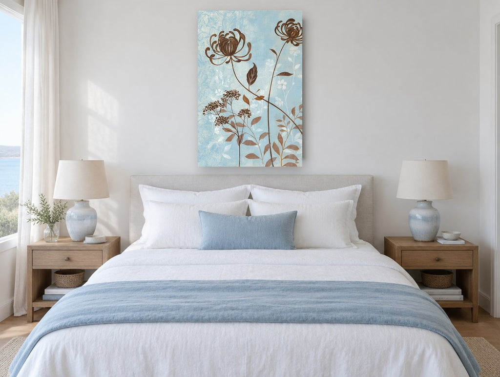 Brown Blooms on Blue floral canvas print on the wall of a coastal bedroom