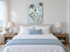 Brown Blooms on Blue floral canvas print on the wall of a coastal bedroom