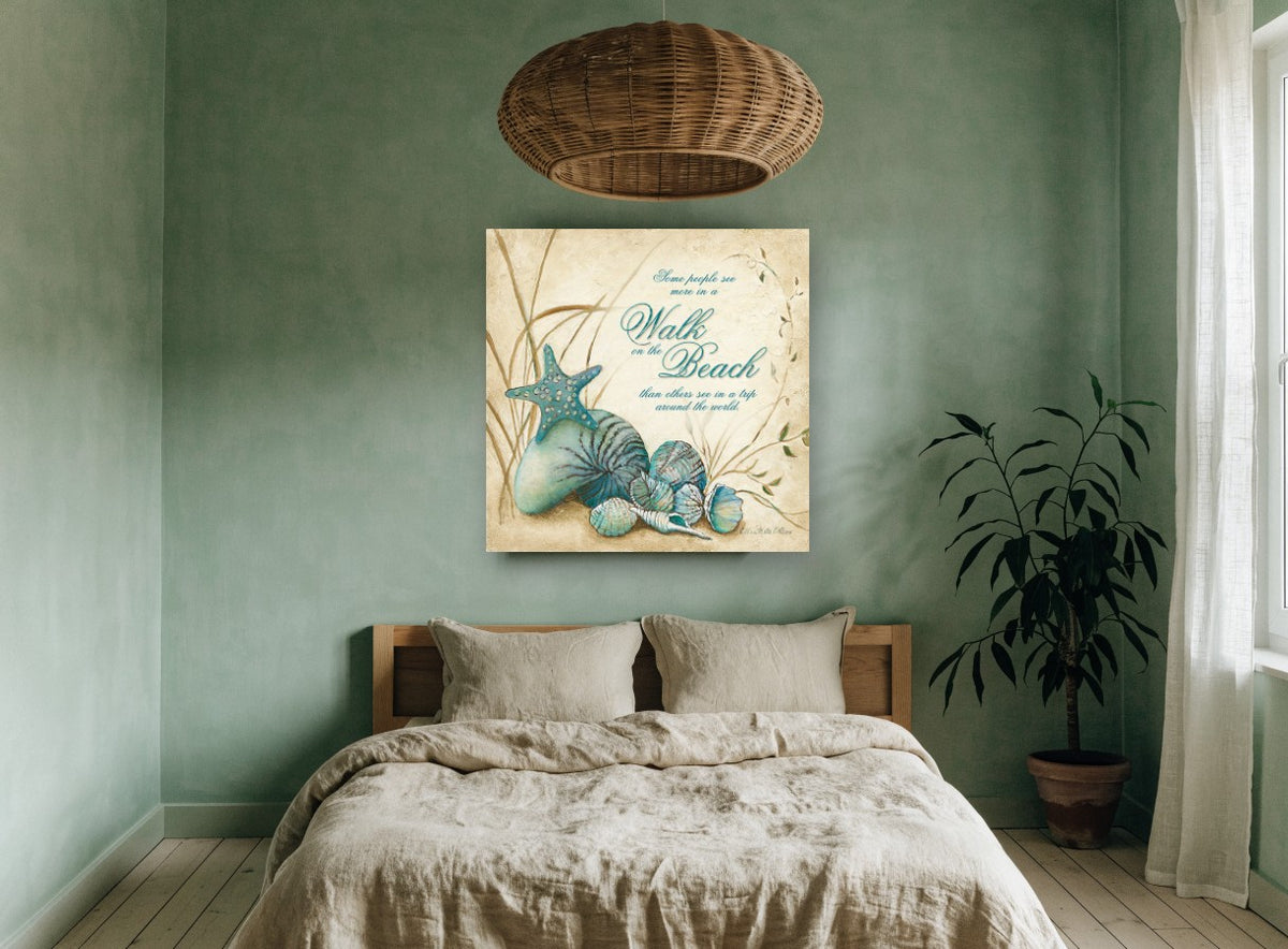Teal Shells Beach Walk coastal canvas print on the wall of a bedroom