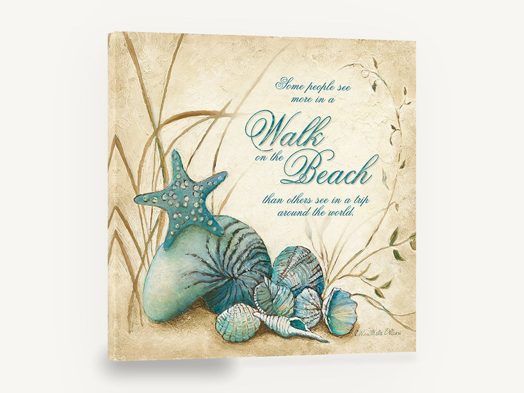 Teal Shells Beach Walk, teal seashells beach quote, coastal canvas wall art print ready to hang