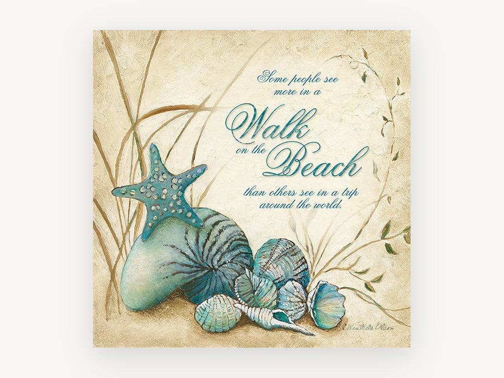 Teal Shells Beach Walk, coastal canvas wall art print, front view