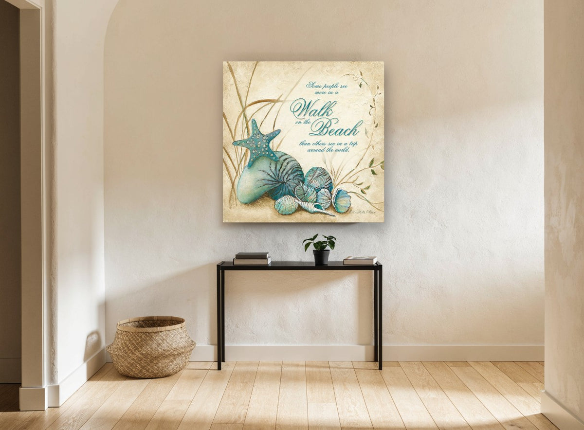 Teal Shells Beach Walk coastal canvas print on the wall of a hallway