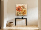 Warm Poppy Trio floral canvas print on the wall of a hallway