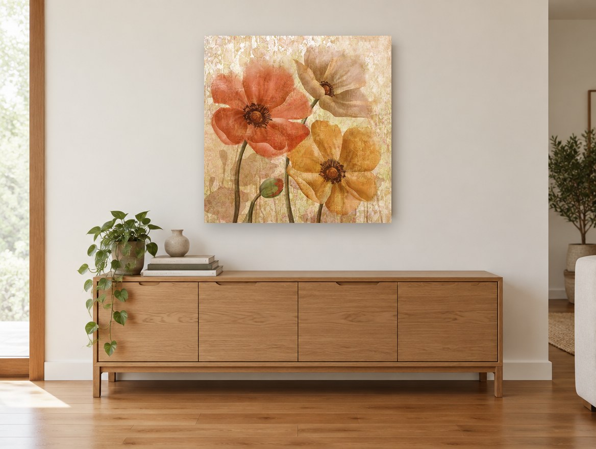 Warm Poppy Trio floral canvas print on the wall of a living room above a sideboard