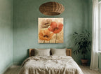 Three Poppies in Amber floral canvas print on the wall of a bedroom