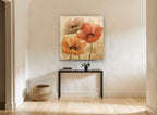 Three Poppies in Amber floral canvas print on the wall of a hallway