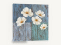 White Poppies on Blue, white flowers blue panels painting, floral canvas wall art print ready to hang