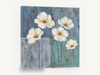 White Poppies on Blue, white flowers blue panels painting, floral canvas wall art print ready to hang