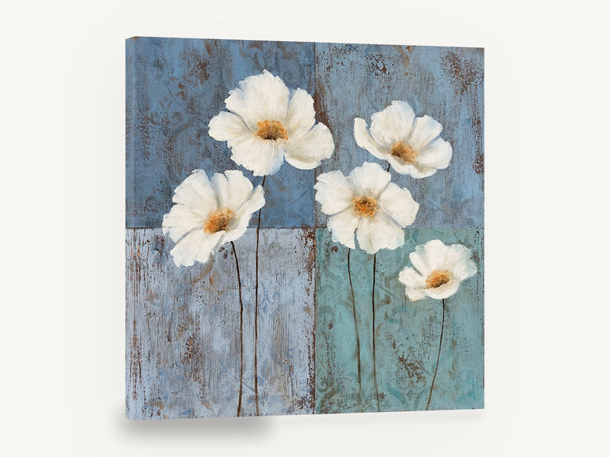 White Poppies on Blue, white flowers blue panels painting, floral canvas wall art print ready to hang