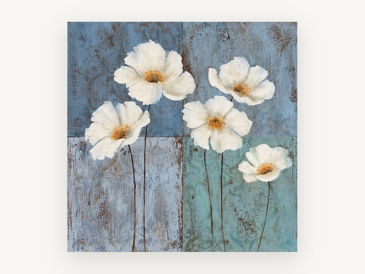 White Poppies on Blue, floral canvas wall art print, front view