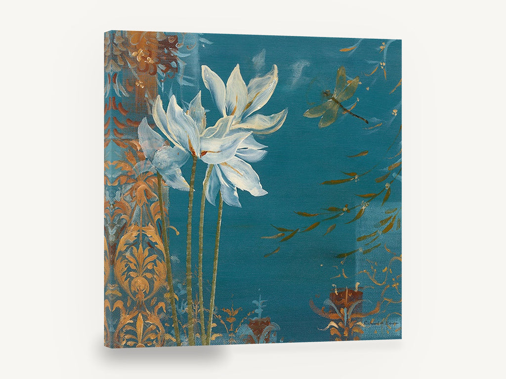 Dragonfly Over Teal Blooms, white flowers dragonfly teal floral, floral canvas wall art print ready to hang