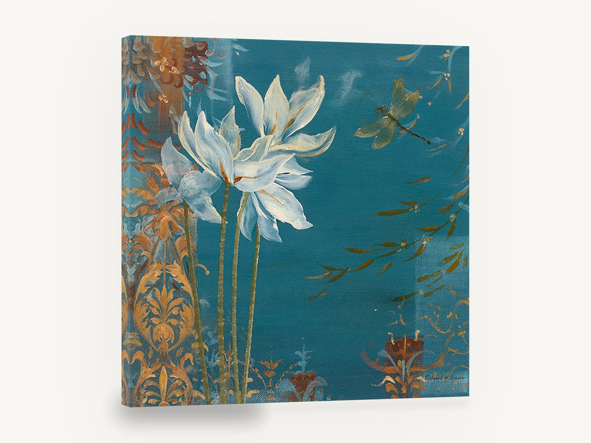 Dragonfly Over Teal Blooms, white flowers dragonfly teal floral, floral canvas wall art print ready to hang