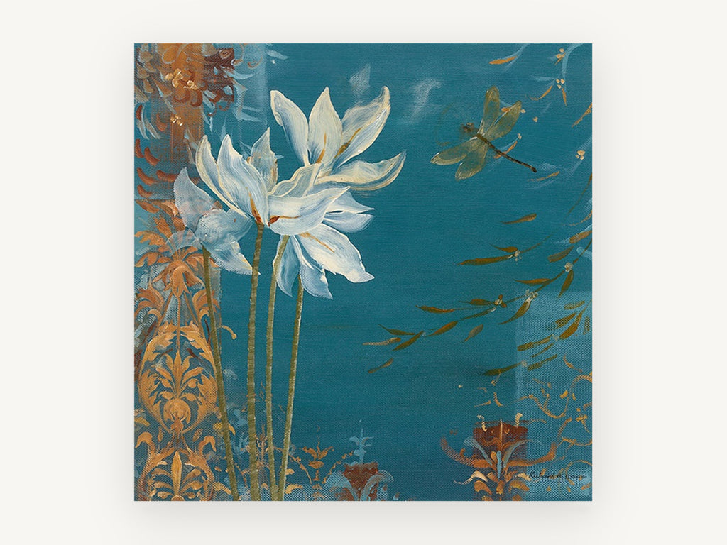 Dragonfly Over Teal Blooms, floral canvas wall art print, front view
