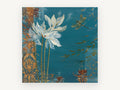 Dragonfly Over Teal Blooms, floral canvas wall art print, front view