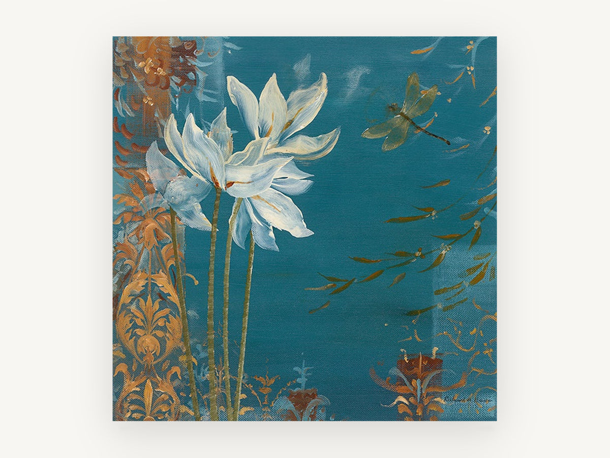 Dragonfly Over Teal Blooms, floral canvas wall art print, front view