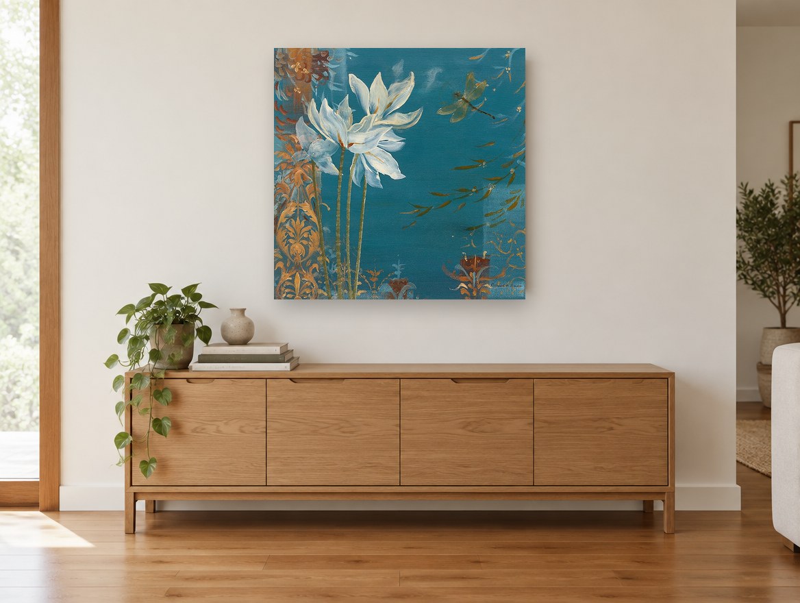 Dragonfly Over Teal Blooms floral canvas print on the wall of a living room above a sideboard