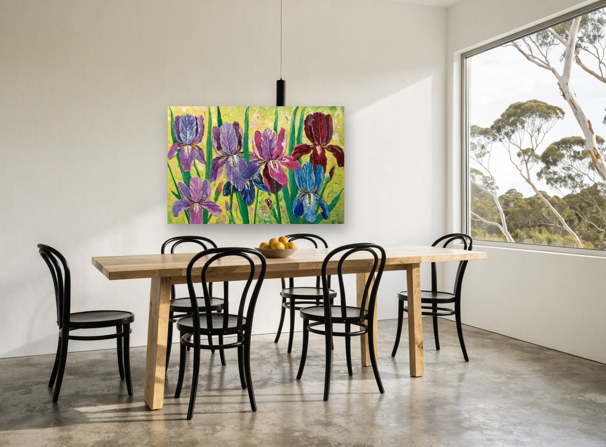 Iris Garden Impasto floral canvas print on the wall of a dining room