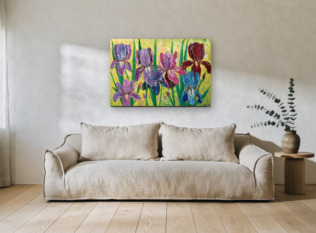 Iris Garden Impasto floral canvas print on the wall of a living room