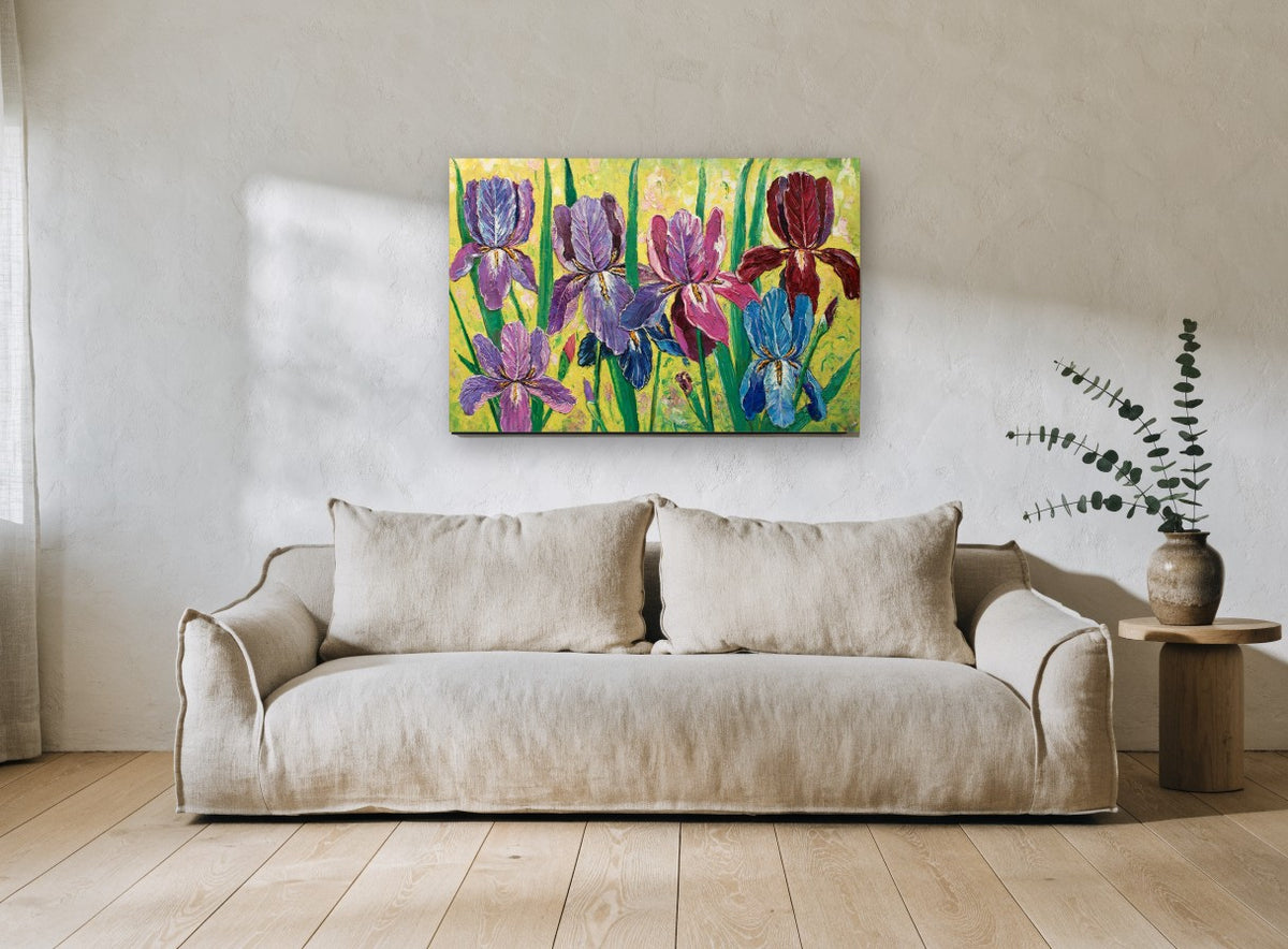 Iris Garden Impasto floral canvas print on the wall of a living room