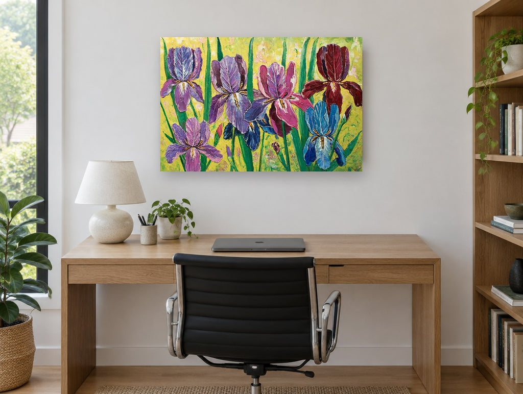 Iris Garden Impasto floral canvas print on the wall of a study