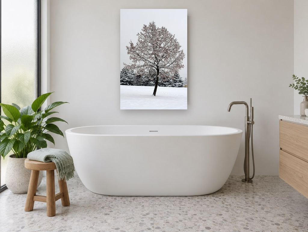 Snow-Laden Winter Tree floral canvas print on the wall of a bathroom