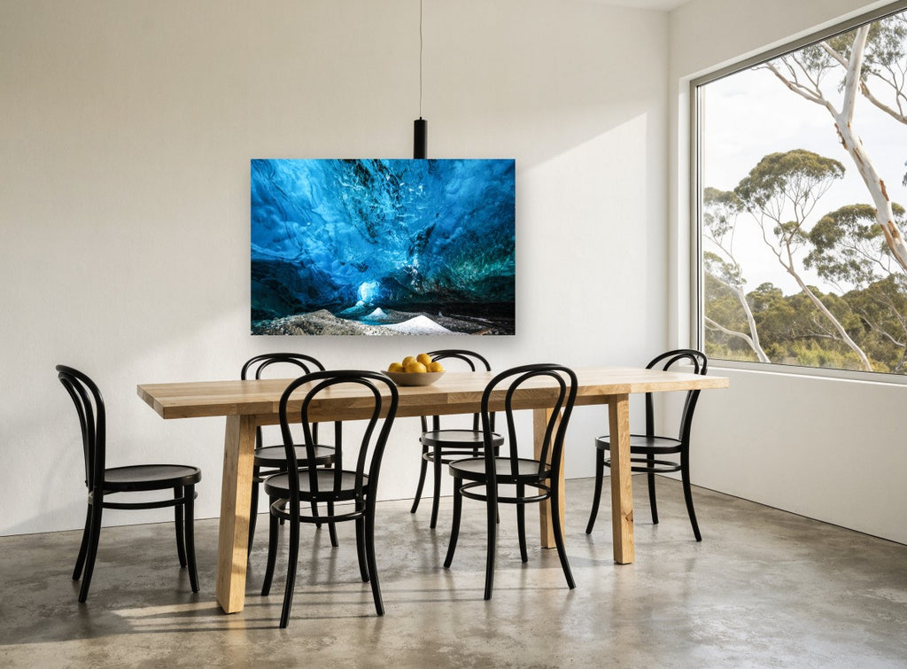 Blue Glacier Vault landscape canvas print on the wall of a dining room