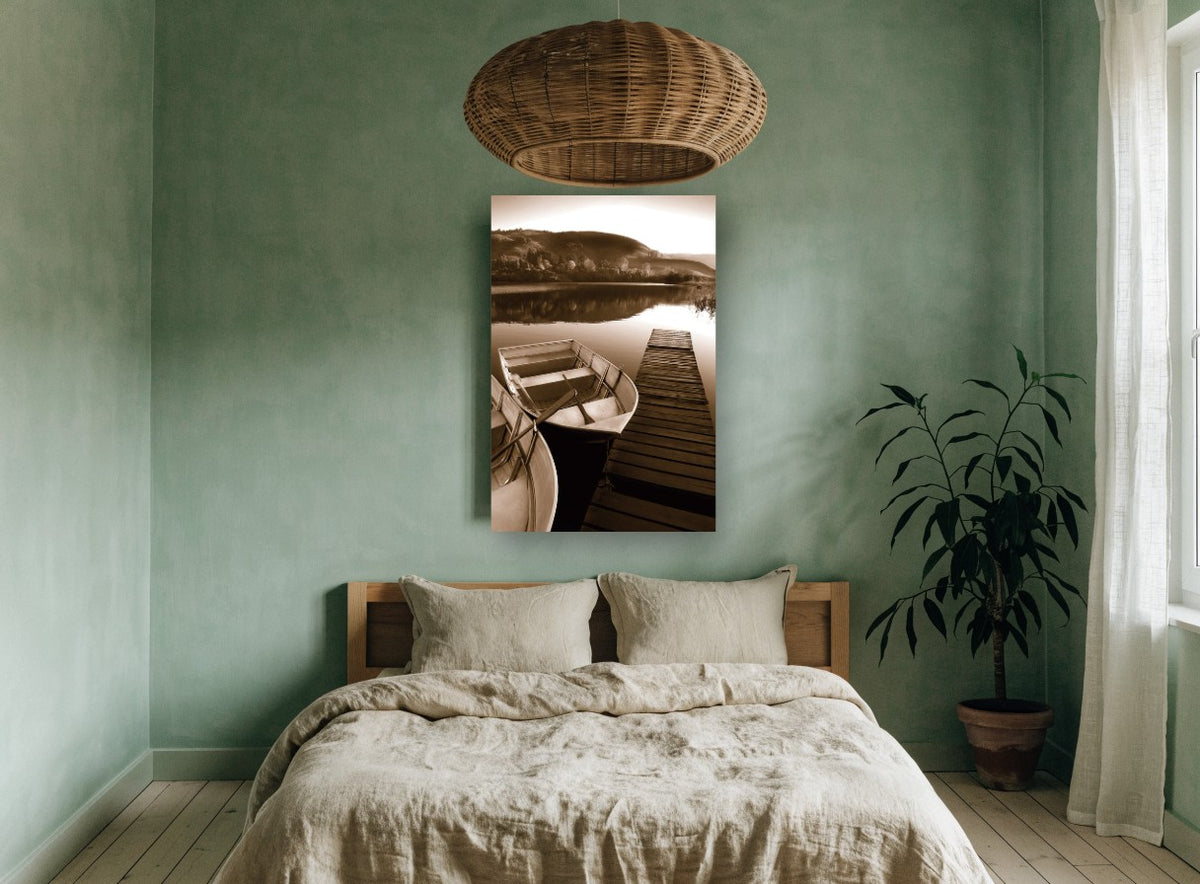 Still Water Moorings landscape canvas print on the wall of a bedroom