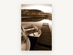 Still Water Moorings, sepia rowboats lake jetty photograph, landscape canvas wall art print, front view