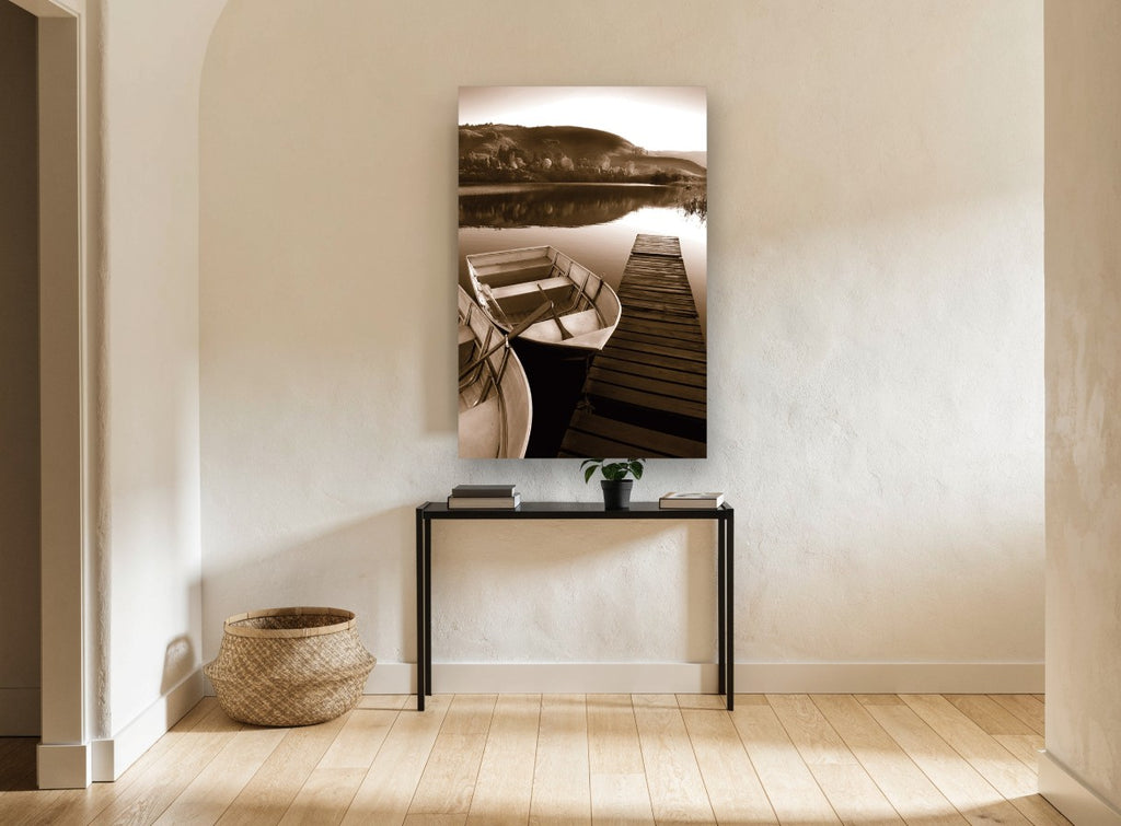 Still Water Moorings landscape canvas print on the wall of a hallway