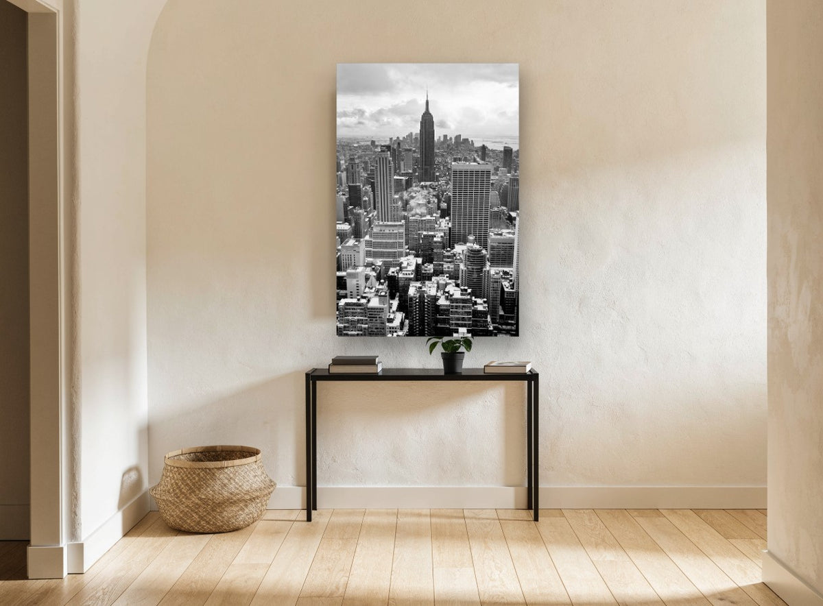 Empire State Winter Haze city canvas print on the wall of a hallway