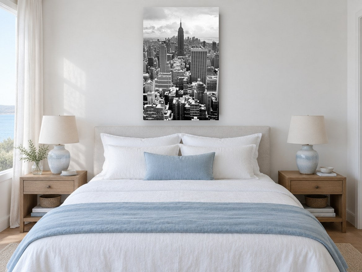 Empire State Winter Haze city canvas print on the wall of a bedroom