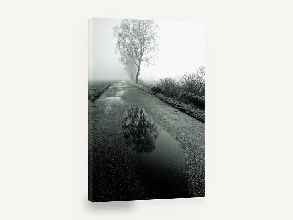 Puddle on the Fog Road, foggy country road reflection photograph, landscape canvas wall art print ready to hang