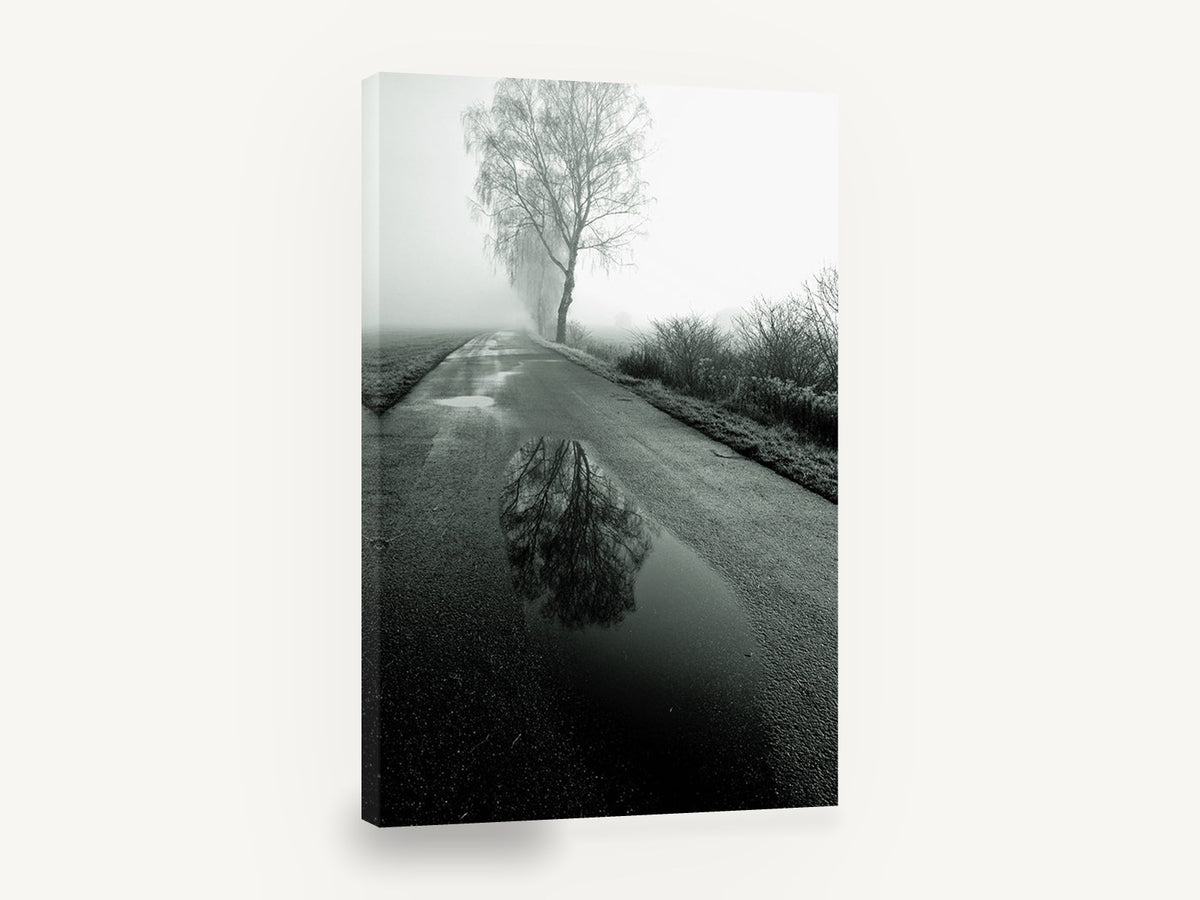 Puddle on the Fog Road, foggy country road reflection photograph, landscape canvas wall art print ready to hang