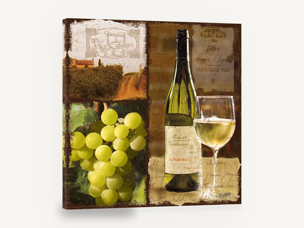 Chardonnay Vineyard Collage, chardonnay wine and grapes collage, floral canvas wall art print ready to hang