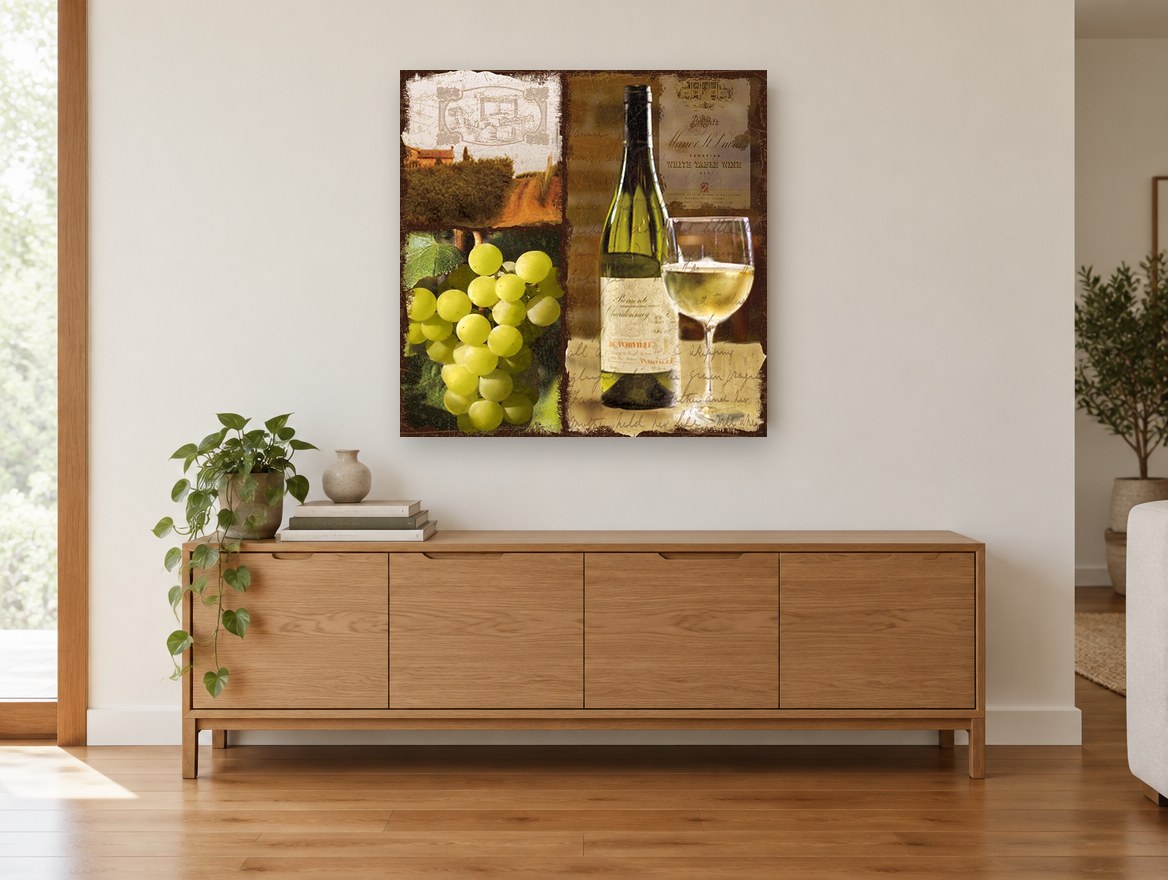Chardonnay Vineyard Collage floral canvas print on the wall of a living room above a sideboard