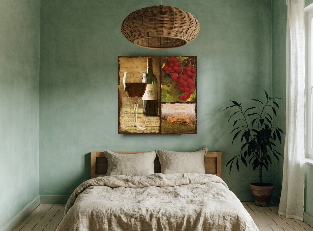Burgundy Vineyard Collage floral canvas print on the wall of a bedroom