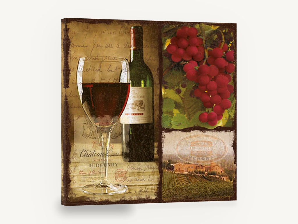 Burgundy Vineyard Collage, red wine grapes vineyard collage, floral canvas wall art print ready to hang