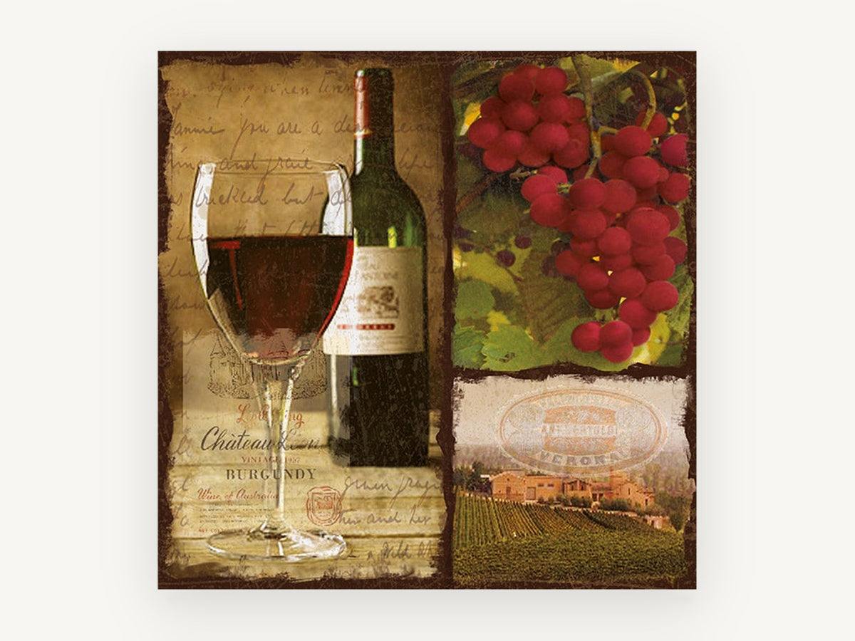 Burgundy Vineyard Collage, floral canvas wall art print, front view