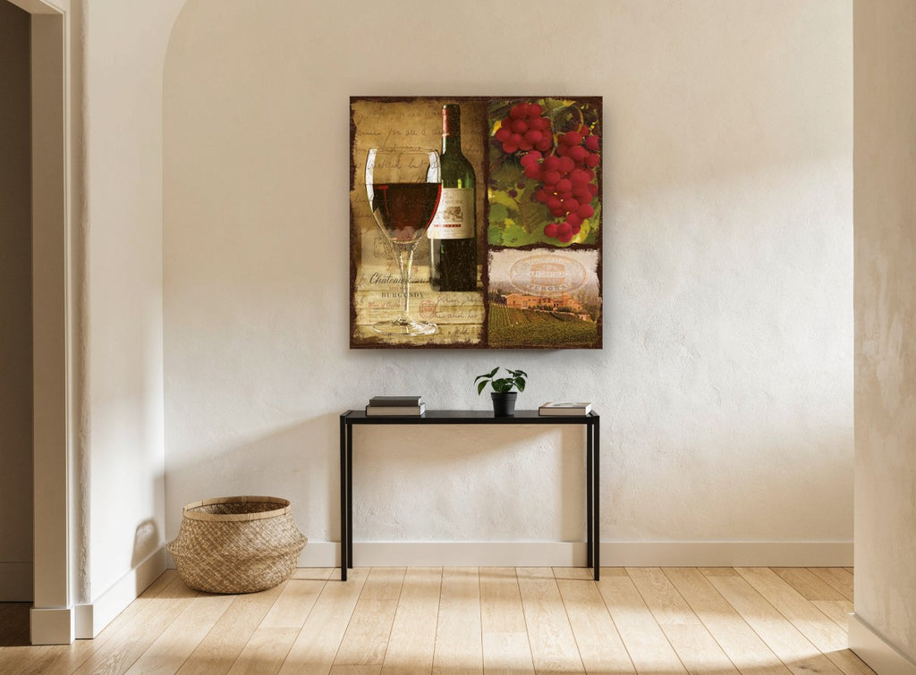 Burgundy Vineyard Collage floral canvas print on the wall of a hallway