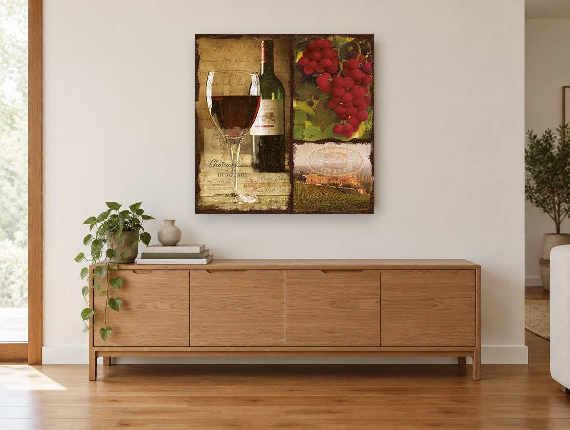 Burgundy Vineyard Collage floral canvas print on the wall of a living room above a sideboard
