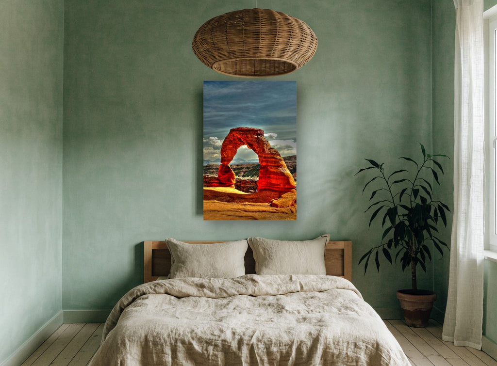 Glowing Red Arch landscape canvas print on the wall of a bedroom