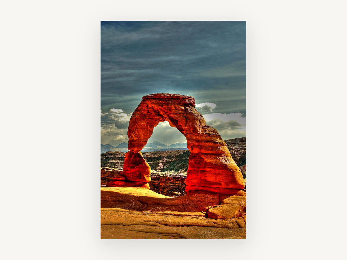 Glowing Red Arch, red sandstone arch desert photograph, landscape canvas wall art print, front view