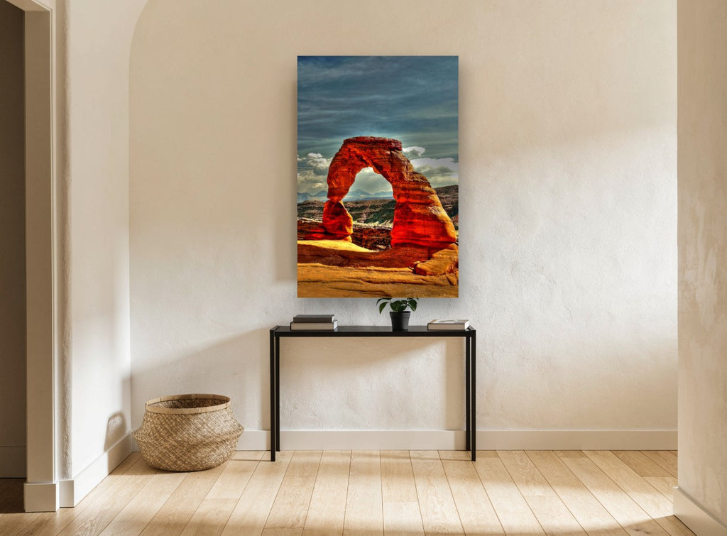 Glowing Red Arch landscape canvas print on the wall of a hallway